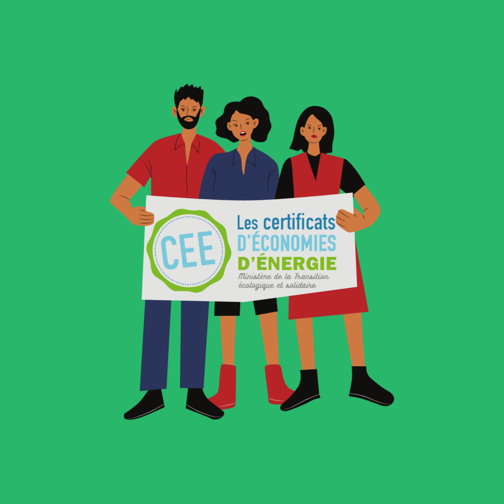 3 bonhommes tenant une pancarte à propos des CEE Certificat d'Economies d'Energies